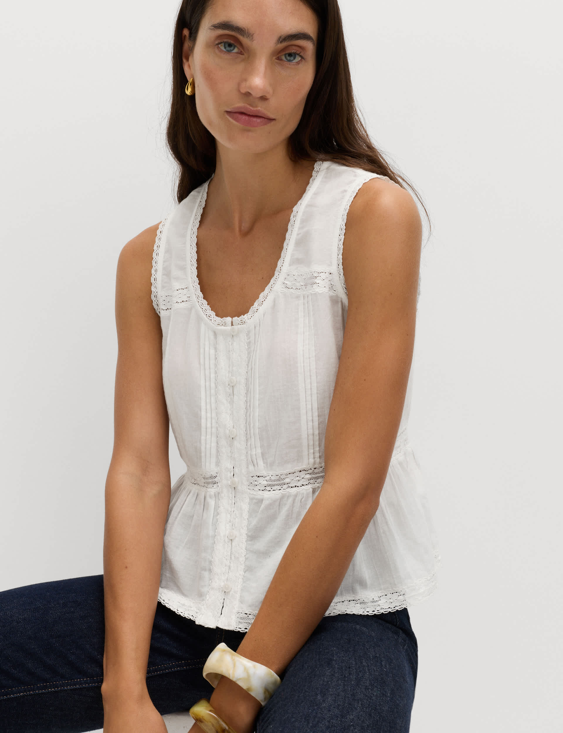 Pure Cotton Lace Insert Peplum Top