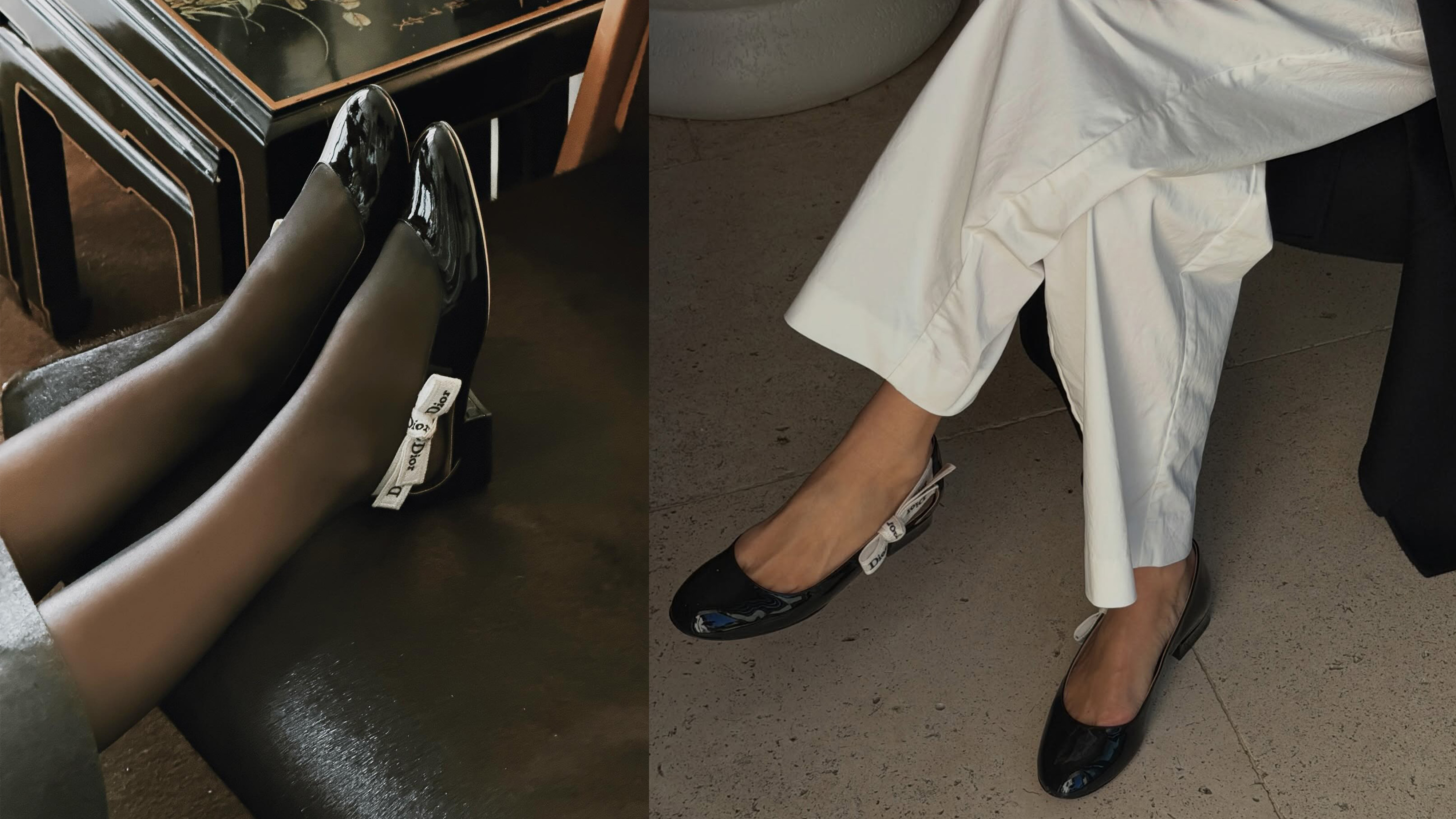 Photos of Aimee Song and Christie Tyler wearing the new Jonathan Anderson for Dior J'Adior patent leather ballet flats from the spring/summer 2026 collection.