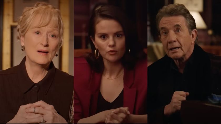 Side by side by side of Meryl Streep, Selena Gomez and Martin Short in various scenes from Only Murders in the Building.