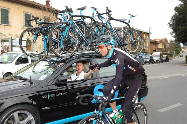 Juan Antonio Flecha gets some advice from Team Sky's Scott Sunderland