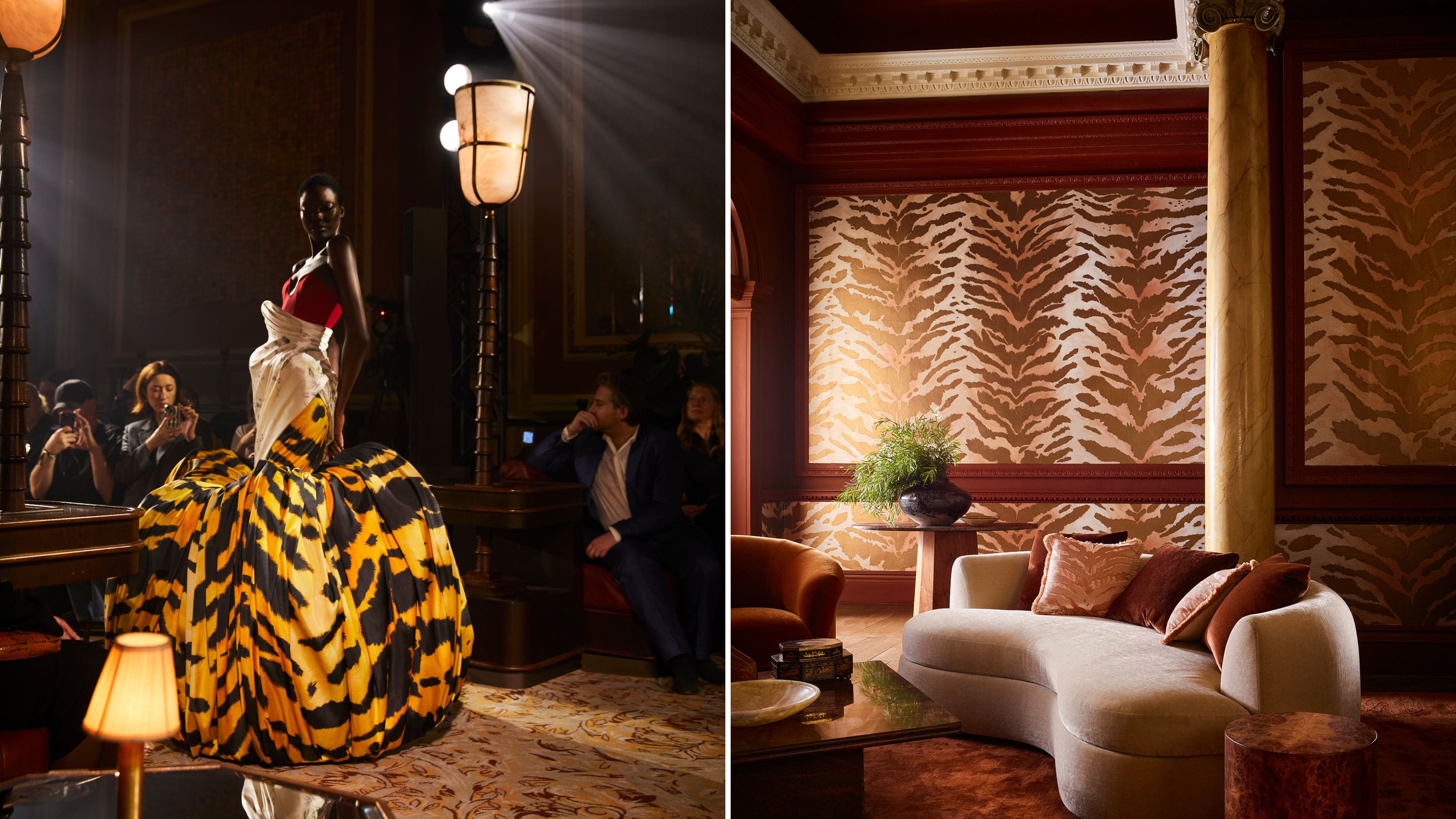 Side-by-side of model debuting a tiger-print gown inside of an opulent London bar and an equally opulent living room interior, echoing the same stripes