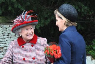 Queen Elizabeth II and Sophie, Countess of Wessex attend the Christmas Day service at Sandringham Church
