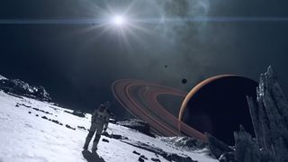 How big is Starfield? - a person in a spacesuit on an alien world looks up at a star and nearby ringed planet