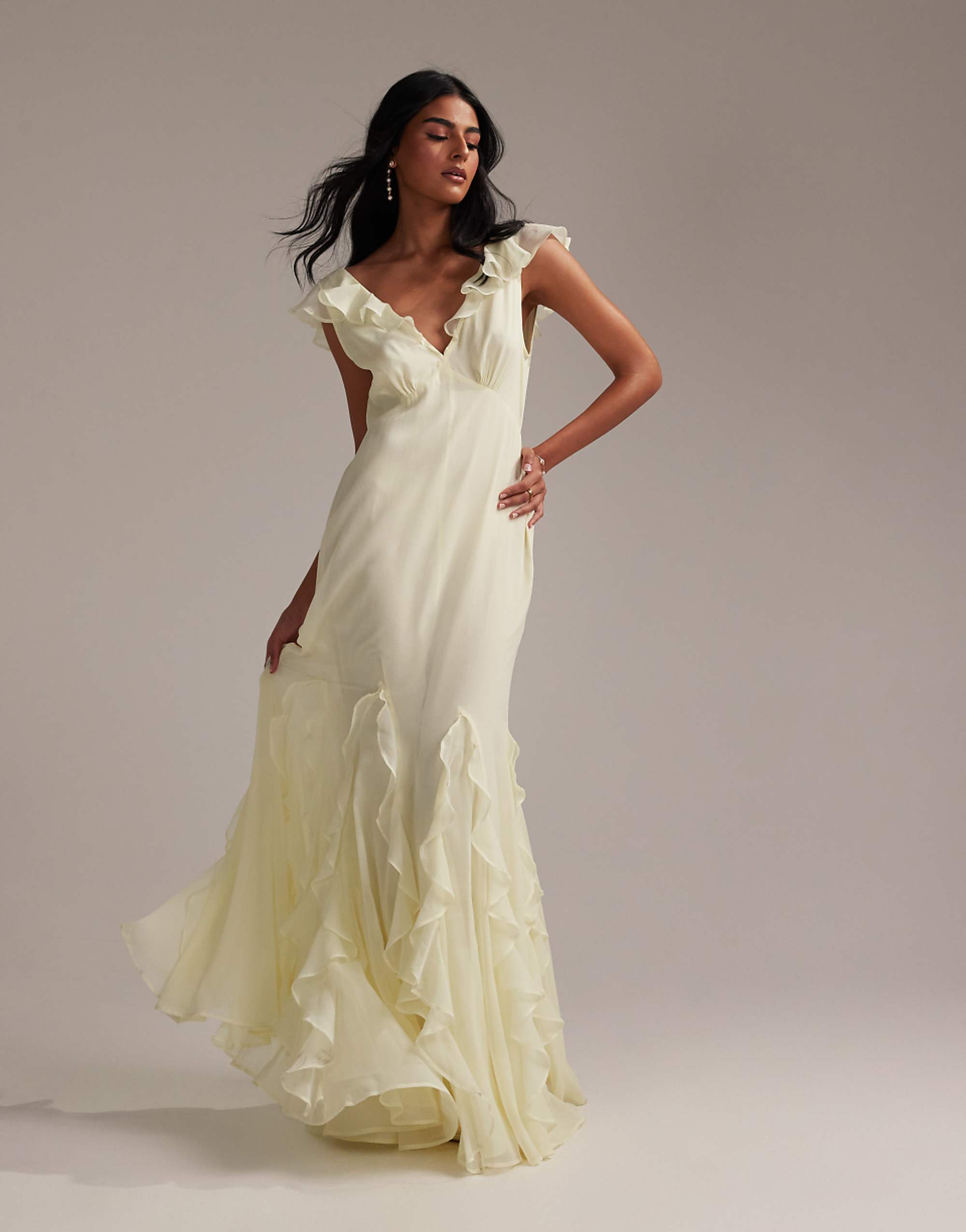 Asos Design Bridesmaids Flutter Sleeve Bias Maxi Dress With Godet Frill Hem in Soft Yellow