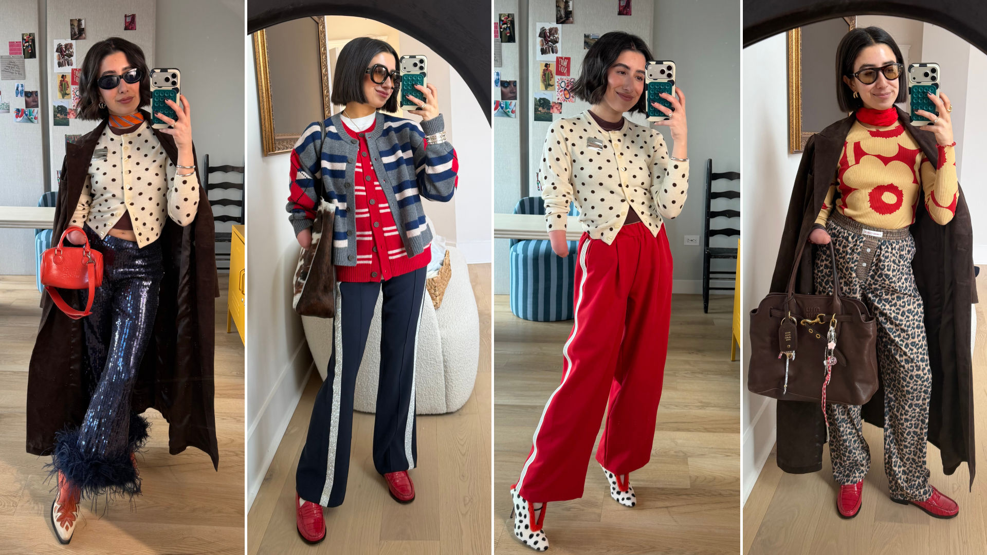 a collage of april lockhart wearing sweatpants alternative pants with colorful patterned sweaters and boots in mirror selfies