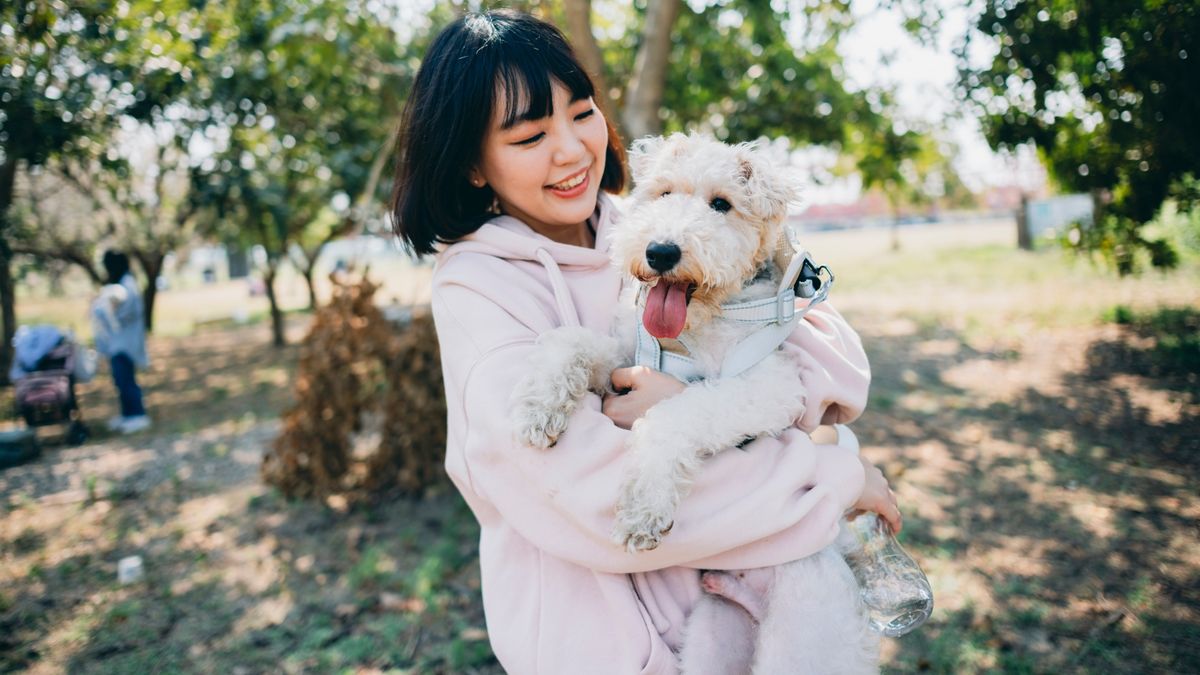 Woman hugging her dog outside in the park