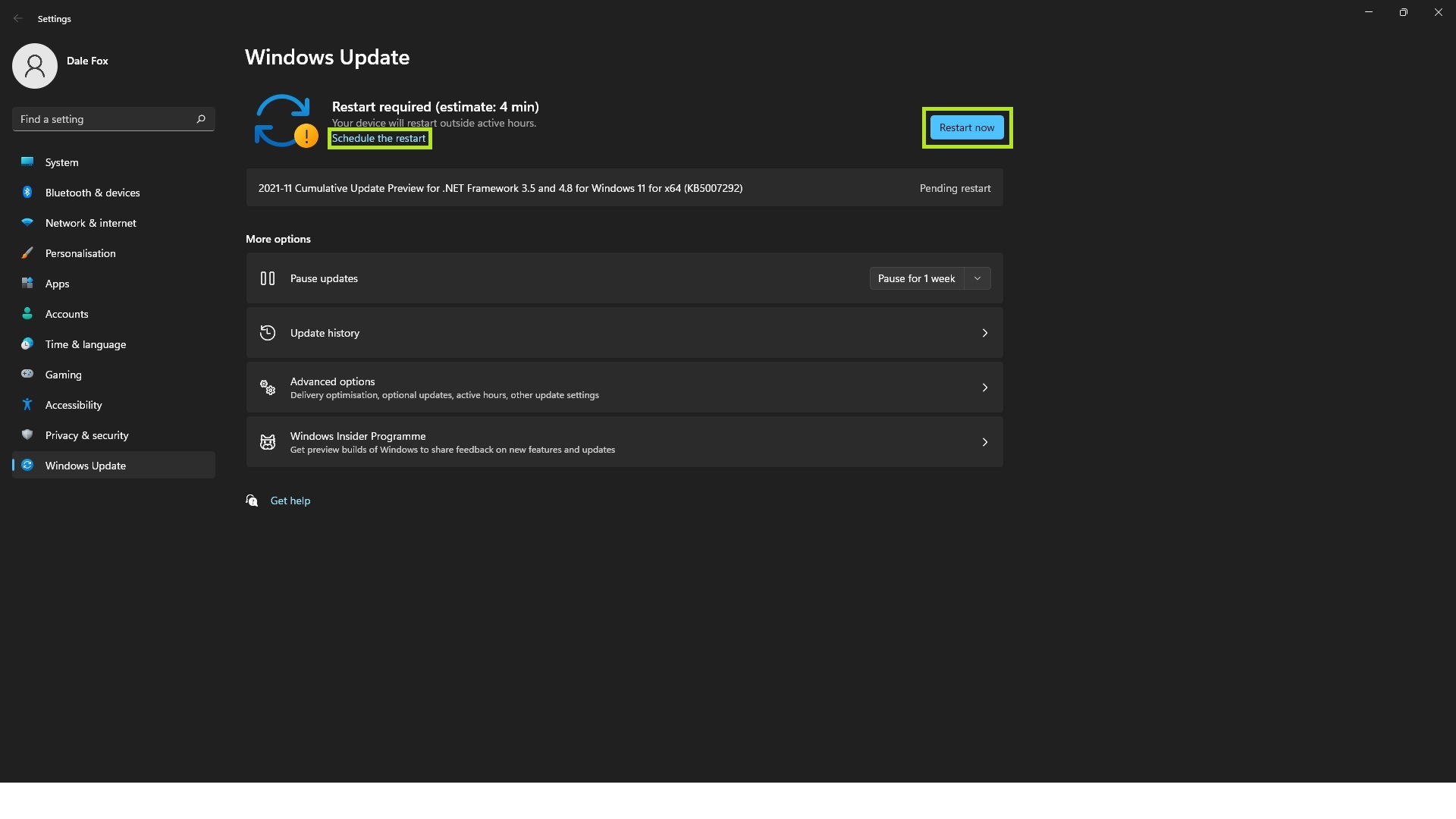 Screenshot showing Windows 11 Windows Update menu with with 