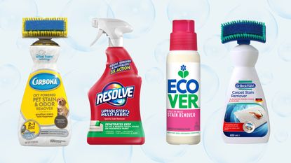 Four of the best upholstery cleaners from Carbona, Resolve, Ecover, and Dr. Beckmann on bubble background