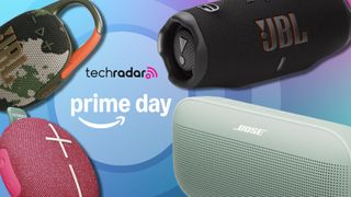 A selection of Bluetooth speakers on TR's purple Prime Day background