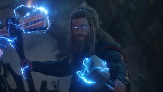 Thor holding Stormbreaker and Mjolnir in Avengers: Endgame