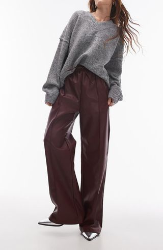 Faux leather wide leg trousers with drawstring