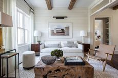 rules for decorating small spaces; small living room with white sofa and neutral color palette by Marie Flanigan Interiors