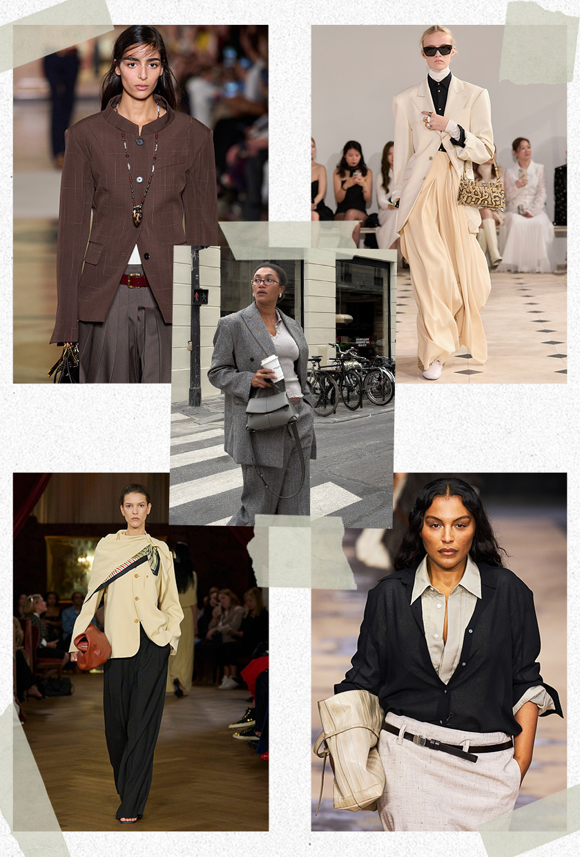 The best 2026 trends and outdated fashion trends, according to the French are shown in a collage of runway images. In the middle, there's a photo of Lena Farl wearing a gray suit. It's surrounded by close-up photos from the runway showing the bourgeois styling trend worn by models in the spring 2026 collections of Tory Burch, Celine, Boss, and Kallmeyer