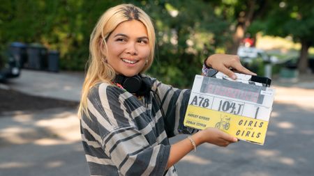 Hayley Kiyoko with Girls Like Girls movie slate on the set of Girls Like Girls