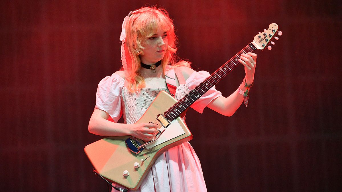 Emily Roberts of The Last Dinner Party performs on the Woodsies stage during day 4 of Glastonbury Festival 2023 Worthy Farm, Pilton on June 24, 2023 in Glastonbury, England