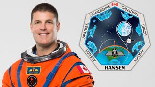 a man in an orange spacesuit poses for a portrait; inset is a hexagonal patch showing a spacecraft around the moon and the Canadian flag