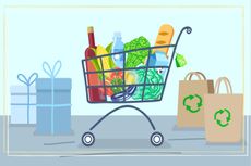 Grocery cart with groceries. Flat design. Bread, vegetables, wine, milk. Eco bags. Gifts - stock illustration