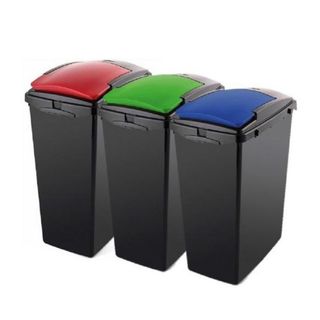 Three black bins with different coloured lids