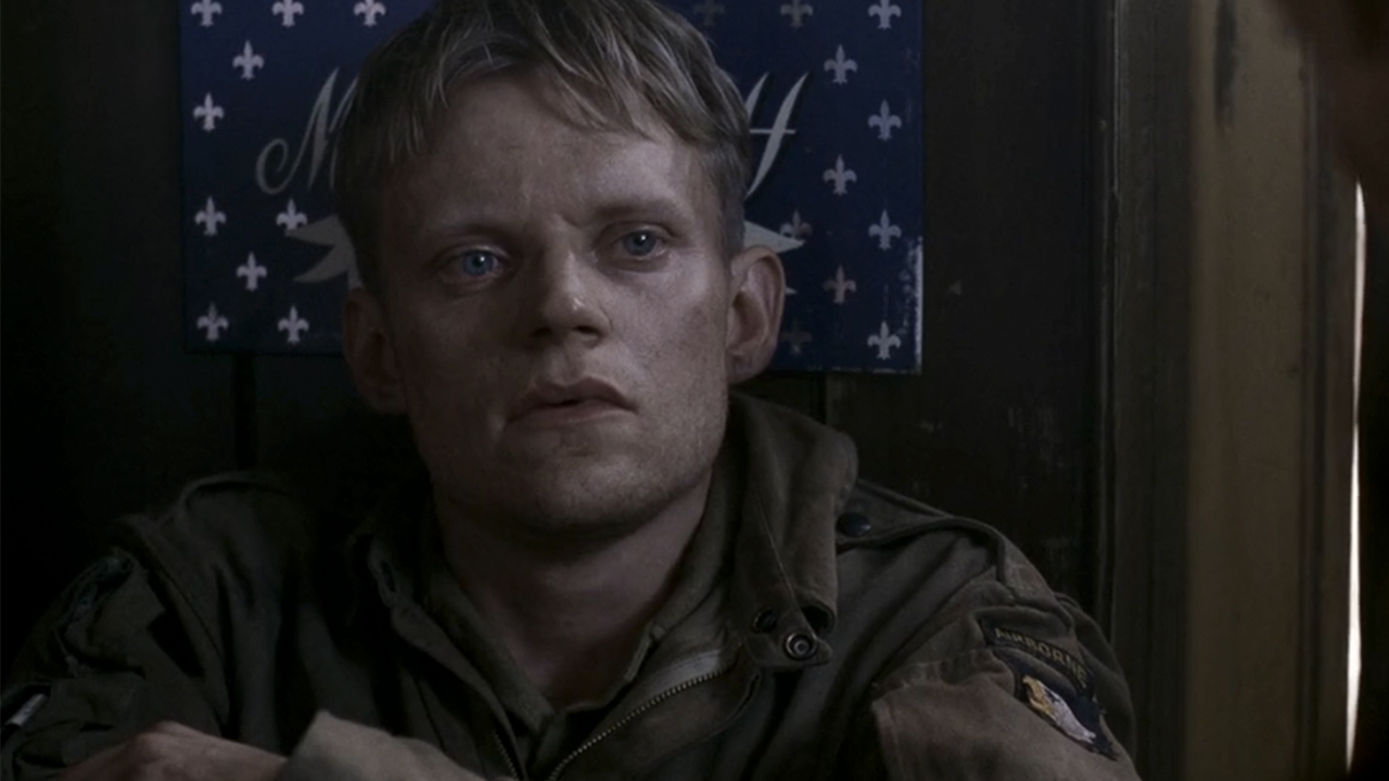 Marc Warren as Blithe looking scared and blind in Band of Brothers