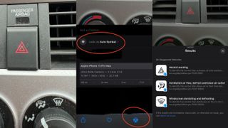 A composite image showing iOS 17 beta identifying a warning label in a car