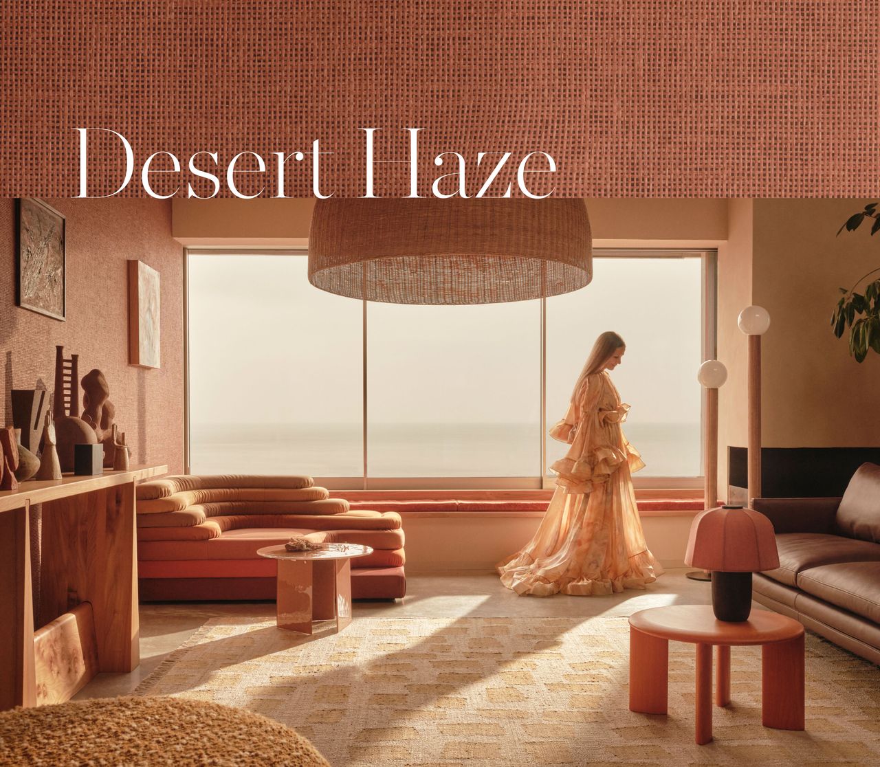 photoshoot of a desert-inspired color scheme with modern furniture and a model wearing fashionable clothes 