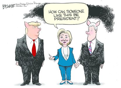 Political cartoon U.S. 2016 election Hillary Clinton Bill Clinton Donald Trump