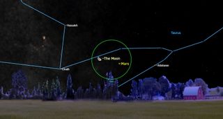 An illustration of the night sky on Sept. 16 depicting the moon and Mars in conjunction.