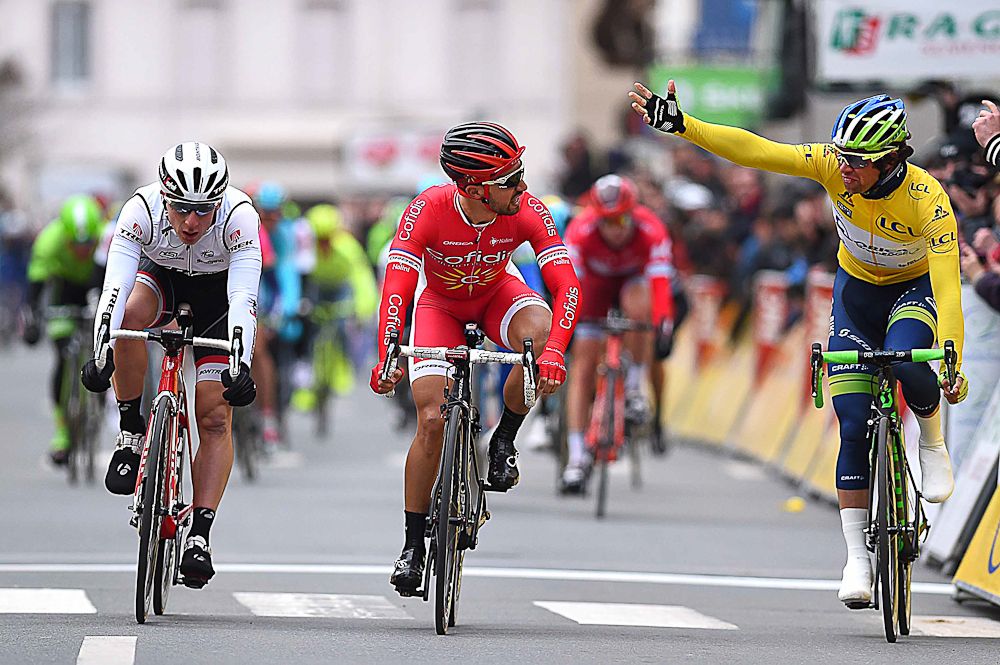 Michael Matthews objects to Nacer Bouhanni's sprinting after stage 2 at Paris-Nice.