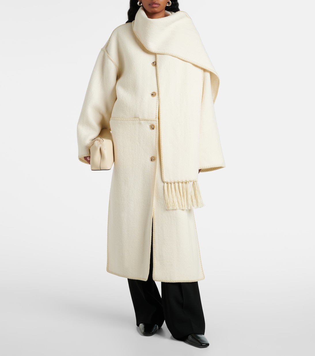 Fringed Embroidered Wool Scarf Coat in White - Toteme