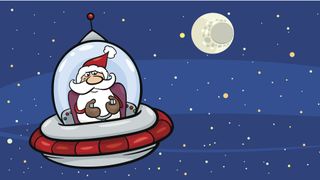 graphic illustration of Santa flying a UFO past the moon.