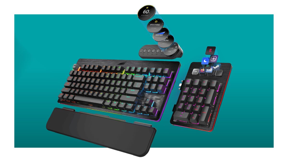 The Mountain Everest Max modular keyboard, shown with its modular components spread apart, on a green/blue background