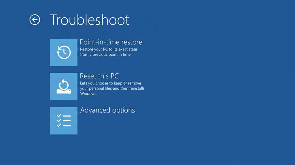 Troubleshoot screen with options: 'Point-in-time restore' to revert PC, 'Reset this PC' for reinstalling Windows, and 'Advanced options.' Blue background.