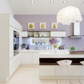 kitchen room with purple wall and kitchen chimney