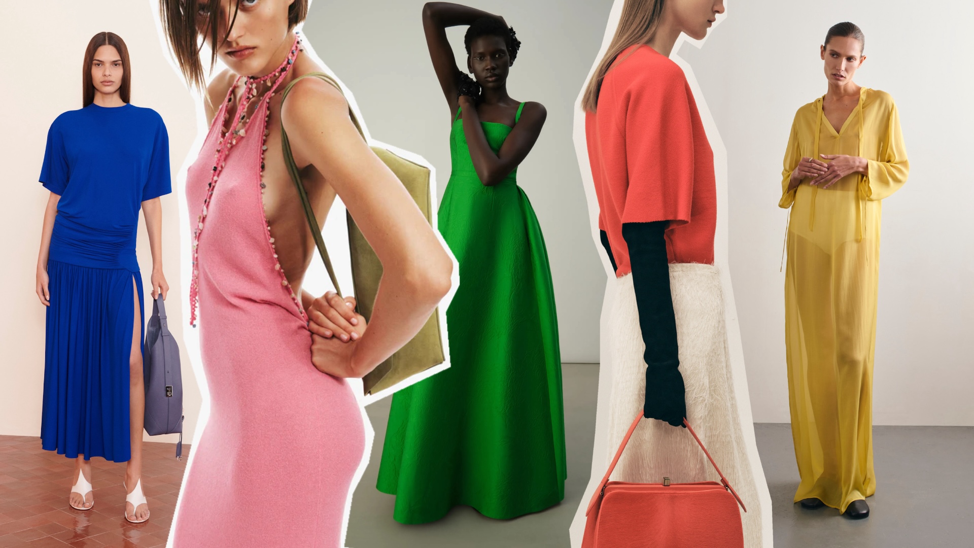 a collage of the summer 2025 color trends at Ferragamo, Christopher Esber, Carolina Herrera, Khaite, Kallmeyer
