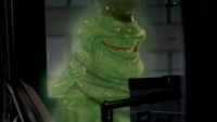 Slimer convinces Louis Tully to let him give him a ride on the bus in Ghostbusters II.