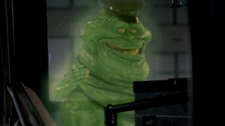 Slimer convinces Louis Tully to let him give him a ride on the bus in Ghostbusters II.