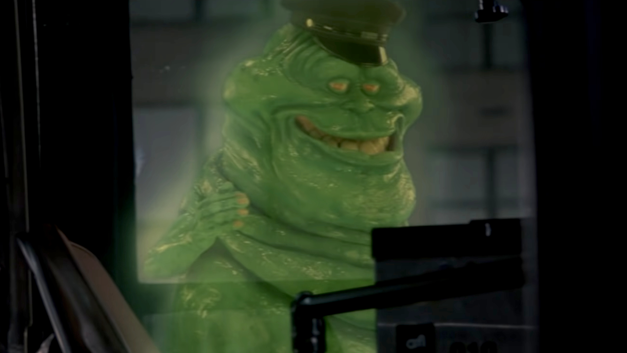 Slimer convinces Louis Tully to let him give him a ride on the bus in Ghostbusters II.