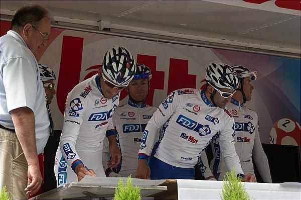 FDJ-BigMat riders sign on for the opening stage of the Tour de Wallonie.