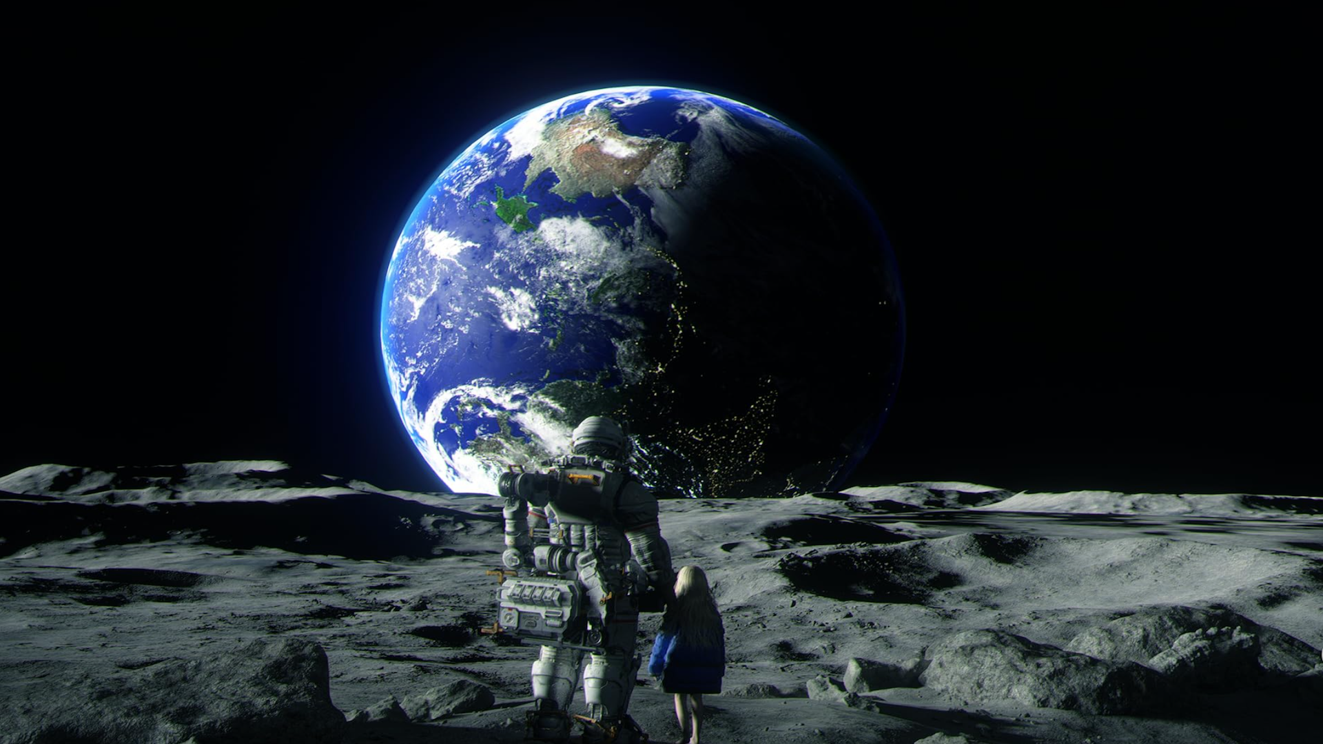 A spacefaring human and an android girl looking at Earth