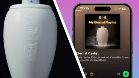 Spotify's Eternal Playlist Urn next to a smartphone with a generated eternal playlist thumbnail