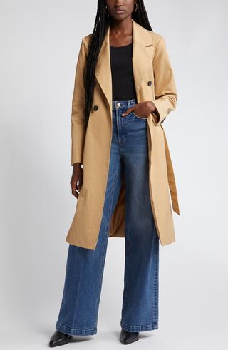 Stretch Cotton Blend Belted Trench Coat