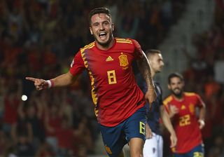 Saul Niguez celebrates after scoring for Spain against Croatia in the UEFA Nations League in September 2018.