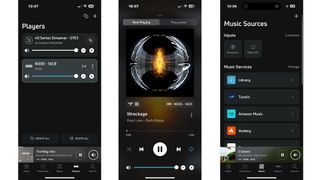 Bluesound Node (2024) music streamer showing app on three smartphone screens