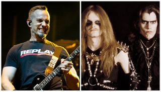 Alter Bridge’s Mark Tremonti performing onstage and Celtic Frost posing for a photograph in the 1980s