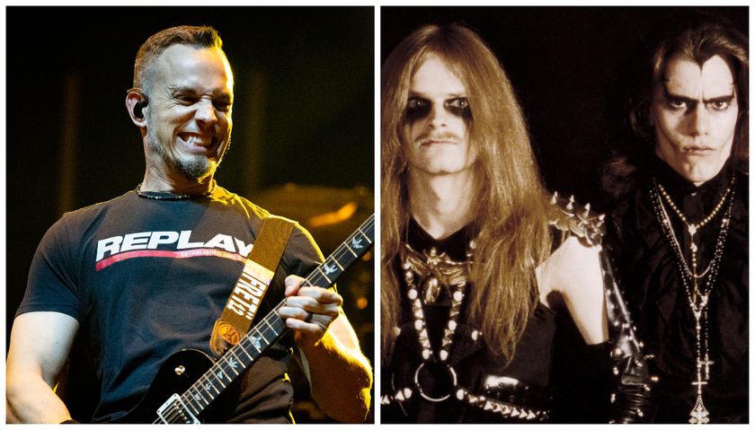 Alter Bridge’s Mark Tremonti performing onstage and Celtic Frost posing for a photograph in the 1980s