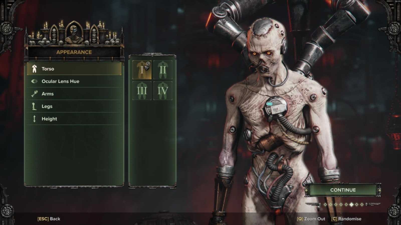 Alien cyborg character in a dark sci-fi setting, with tubes and mechanical parts on its body. A menu on the left offers appearance customization options.