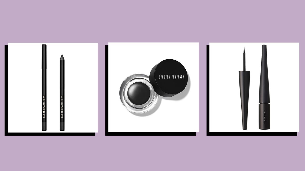 product shots of three of w&amp;h best eyeliner picks on a lilac background