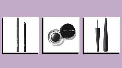 product shots of three of w&h best eyeliner picks on a lilac background