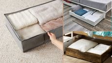 Under bed storage containers, one grey fabric storage bag, one white wooden storage box and one brown wood storage box, all underneath different beds