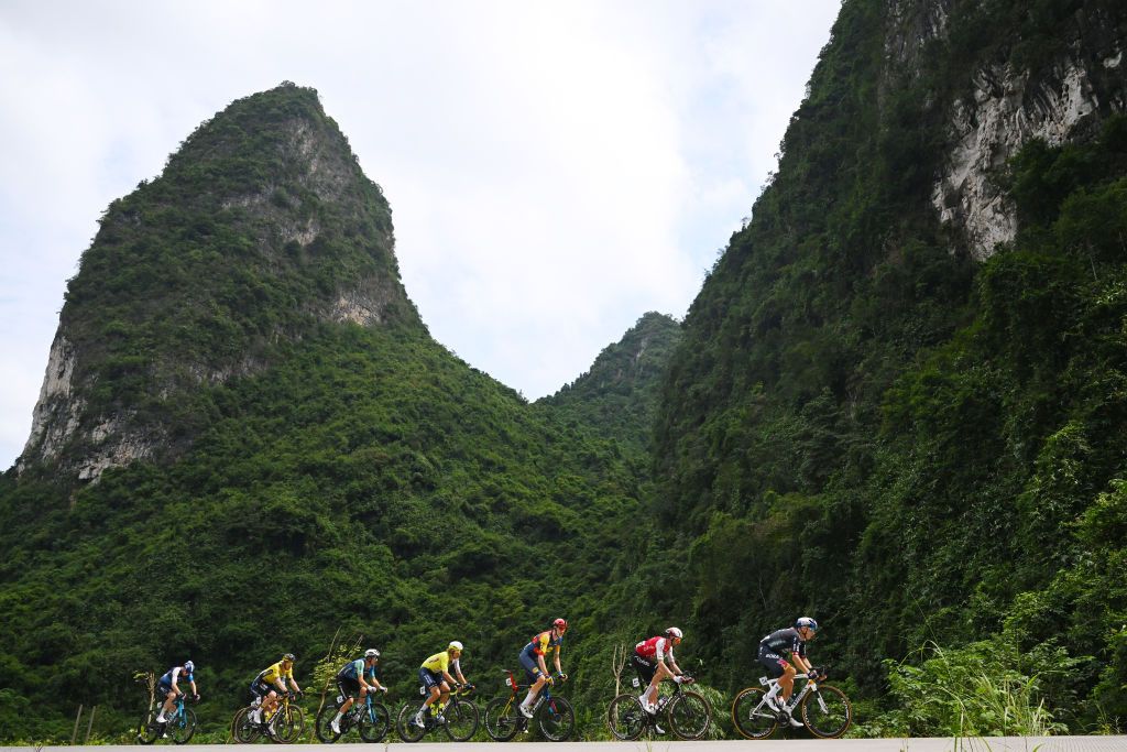 JINGXI CHINA OCTOBER 16 Julien Vermote of Belgium and Team Visma Lease a Bike Thomas Champion of France and Team Cofidis Dries De Bondt of Belgium and Decathlon AG2R La Mondiale Team Daan Hoole of The Netherlands and Team Lidl Trek Taco Van Der Hoorn of The Netherlands and Team Intermarche Wanty Filip Maciejuk of Poland and Team Red Bull BORA hansgrohe Martin Svrcek of Slovakia and Team Soudal QuickStep and Chris Froome of The United Kingdom and Team Israel Premier Tech compete in the breakaway during the 5th GreeTour Of Guangxi 2024 Stage 2 a 1815km stage from Chongzuo to Jingxi 741m UCIWT on October 16 2024 in Chongzuo China Photo by Dario BelingheriGetty Images